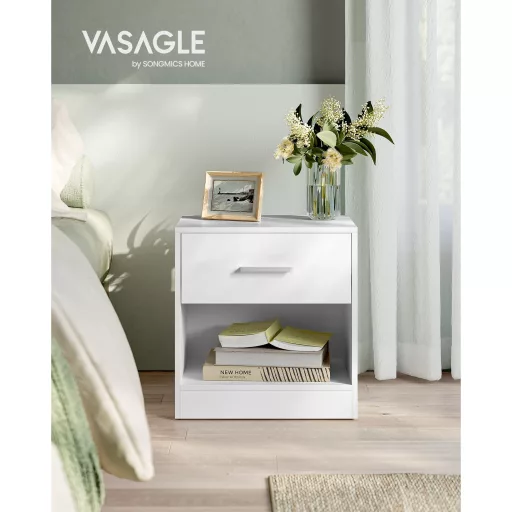 VASAGLE Éjjeliszekrény, Oldalsó Asztal Fiókkal, Fogantyúval, Nyitott Rekesszel, Végasztal,