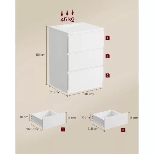 Éjjeliszekrény, 3 fiókkal, 2 beépített csatlakozóval, 2 USB porttal