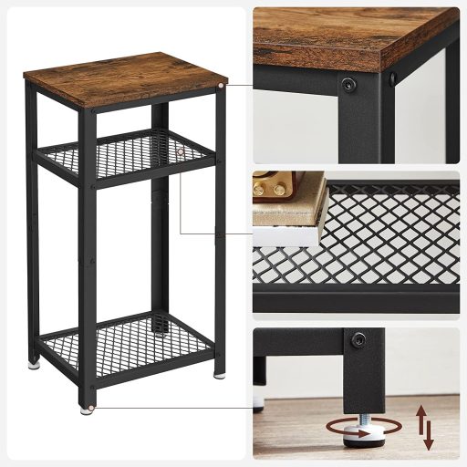 VASAGLE Vintage Dohányzóasztal, Oldalsó Kisasztal 2 Hálós Polccal, Dekorasztal Állítható