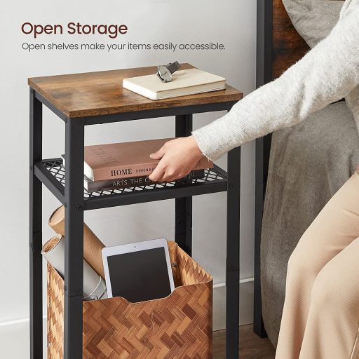 VASAGLE Vintage Dohányzóasztal, Oldalsó Kisasztal 2 Hálós Polccal, Dekorasztal Állítható