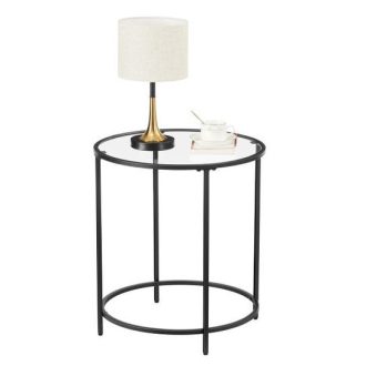 VASAGLE Kerek Oldalasztal, Kis Dohányzóasztal, Edzett Üveg Végasztal Acél Kerettel,