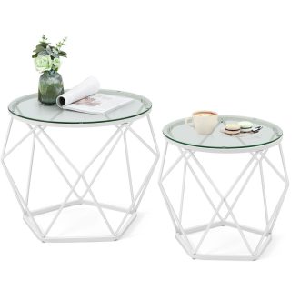 VASAGLE Kerek Dohányzóasztalok, 2 db-os Asztal Szett, Modern Stílus, Levehető Asztallap, Acél