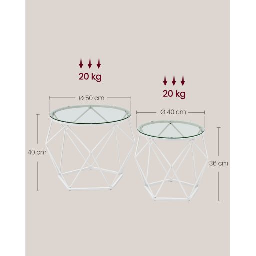 VASAGLE Kerek Dohányzóasztalok, 2 db-os Asztal Szett, Modern Stílus, Levehető Asztallap, Acél
