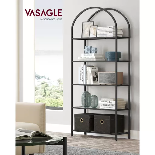 VASAGLE 5 szintes polc, edzett üveg polcos egység, íves kialakítás, acélszerkezet, nappaliba,