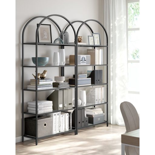 VASAGLE 5 szintes polc, edzett üveg polcos egység, íves kialakítás, acélszerkezet, nappaliba,