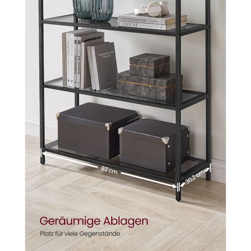 VASAGLE 5 szintes polc, edzett üveg polcos egység, íves kialakítás, acélszerkezet, nappaliba,