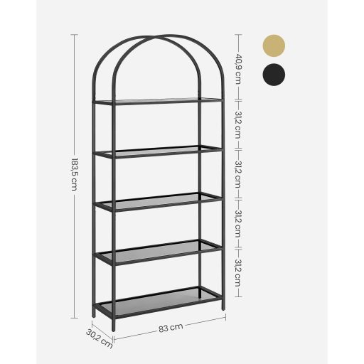 VASAGLE 5 szintes polc, edzett üveg polcos egység, íves kialakítás, acélszerkezet, nappaliba,
