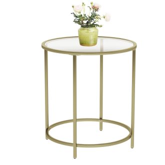 VASAGLE Kerek Oldalasztal, Edzett Üveg Végasztal Arany Fém Kerettel, Kis Kávézóasztal,