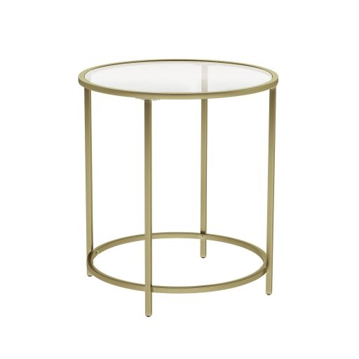 VASAGLE Kerek Oldalasztal, Edzett Üveg Végasztal Arany Fém Kerettel, Kis Kávézóasztal,