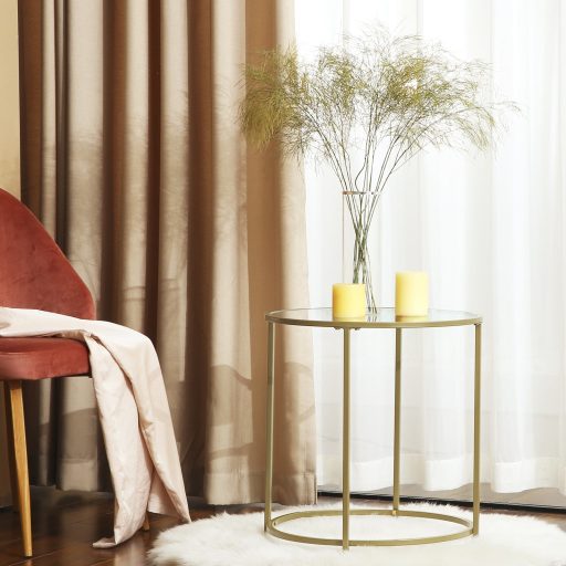 VASAGLE Kerek Oldalasztal, Edzett Üveg Végasztal Arany Fém Kerettel, Kis Kávézóasztal,