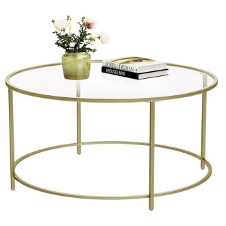 VASAGLE Kerek Dohányzóasztal, Üvegasztal Acél Kerettel, Nappali Asztal, Kanapé Asztal, Edzett