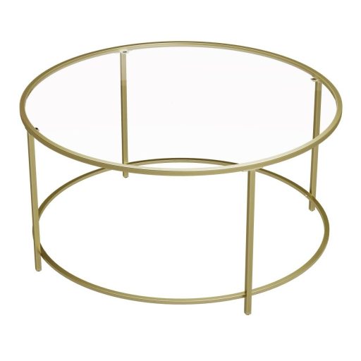 VASAGLE Kerek Dohányzóasztal, Üvegasztal Acél Kerettel, Nappali Asztal, Kanapé Asztal, Edzett