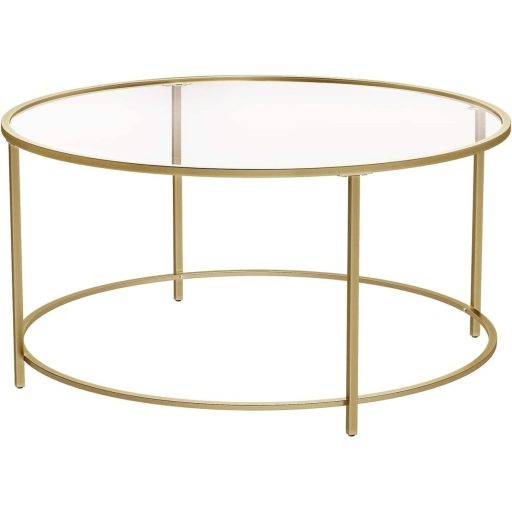 VASAGLE Kerek Dohányzóasztal, Üvegasztal Acél Kerettel, Nappali Asztal, Kanapé Asztal, Edzett