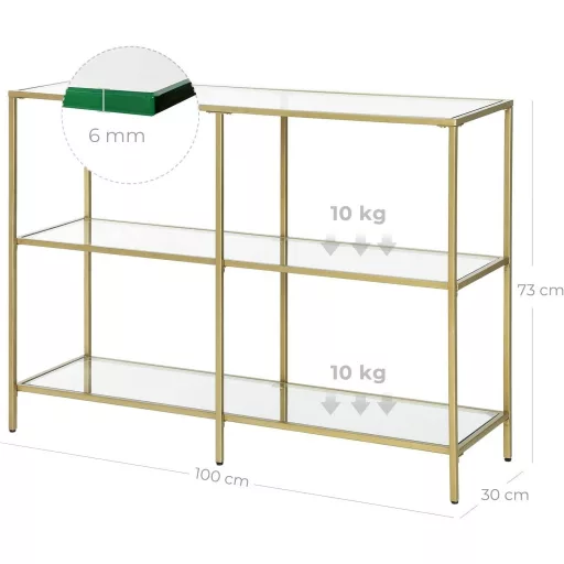 VASAGLE Konzolasztal, Kanapéasztal 3 Polccal, Edzett Üveg Polc, 100 x 30 x 73 cm, Fém Keret,