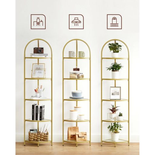 VASAGLE Sarokpolc Állvány, 5 Szintes Sarok Könyvespolc, Edzett Üveg Polcok, Modern Stílus,