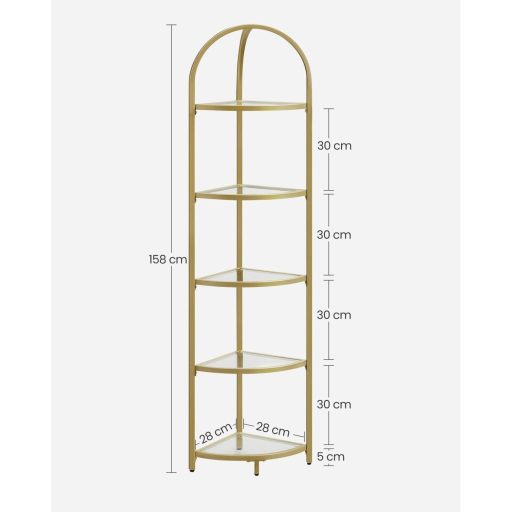 VASAGLE Sarokpolc Állvány, 5 Szintes Sarok Könyvespolc, Edzett Üveg Polcok, Modern Stílus,