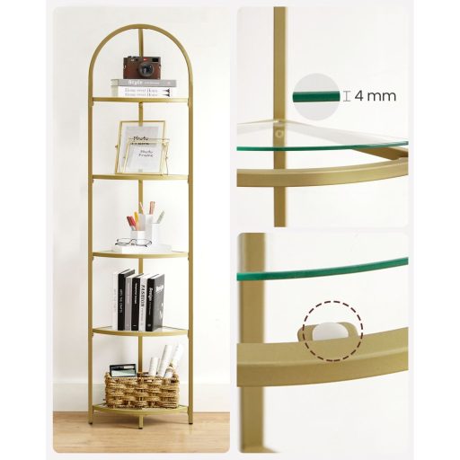 VASAGLE Sarokpolc Állvány, 5 Szintes Sarok Könyvespolc, Edzett Üveg Polcok, Modern Stílus,