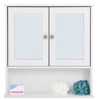 VASAGLE Kétszárnyú Tükrös Fürdőszobai Szekrény, Fali Szekrény, Tárolószekrény, Fali