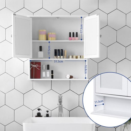 VASAGLE Kétszárnyú Tükrös Fürdőszobai Szekrény, Fali Szekrény, Tárolószekrény, Fali