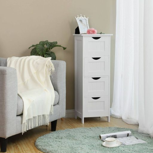 VASAGLE LHC40W, Fürdőszobai szekrény 4 fiókkal, Komód, 30 x 30 x 82 cm, nappaliba, konyhába