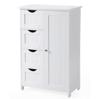 VASAGLE Fürdőszobai Padlószekrény, Fa Tárolóegység 4 Fiókkal, Egyajtós, Állítható