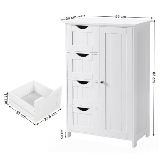 VASAGLE Fürdőszobai Padlószekrény, Fa Tárolóegység 4 Fiókkal, Egyajtós, Állítható