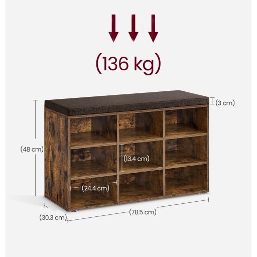 VASAGLE Cipőpad, Tárolópad párnázott üléssel, párnával, 9 rekesszel, állítható
