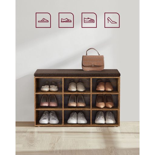 VASAGLE Cipőpad, Tárolópad párnázott üléssel, párnával, 9 rekesszel, állítható