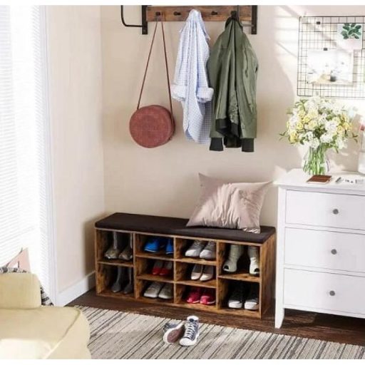 VASAGLE párnázott tárolópad hálós polccal, cipőtartó, fémkeret, könnyű összeszerelés,