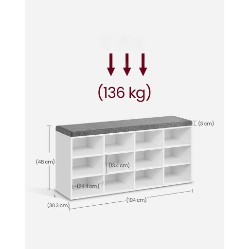 VASAGLE cipőpad párnával, tárolópad párnázott üléssel, előszobapad 12 rekesszel,