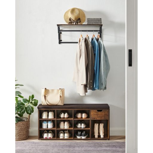 VASAGLE Cipőpad Cipőtartó Fiókkal és Nyitott Rekeszekkel Párnázott Ülőke Előszobába,