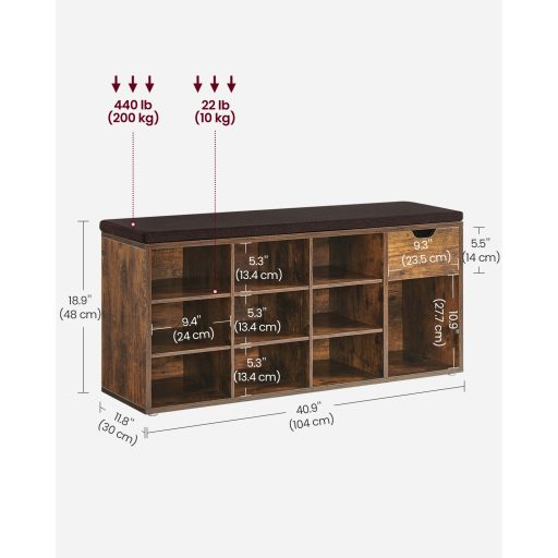 VASAGLE Cipőpad Cipőtartó Fiókkal és Nyitott Rekeszekkel Párnázott Ülőke Előszobába,