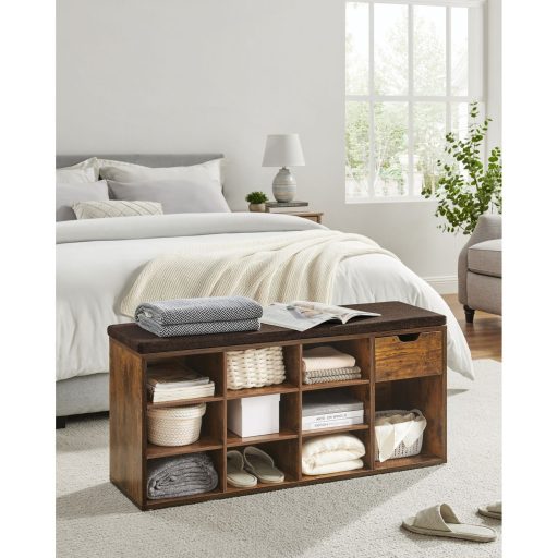 VASAGLE Cipőpad Cipőtartó Fiókkal és Nyitott Rekeszekkel Párnázott Ülőke Előszobába,