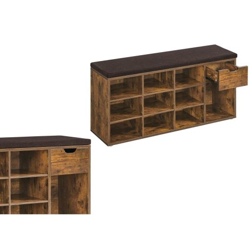 VASAGLE Cipőpad Cipőtartó Fiókkal és Nyitott Rekeszekkel Párnázott Ülőke Előszobába,