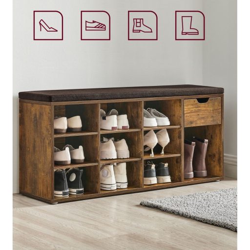 VASAGLE Cipőpad Cipőtartó Fiókkal és Nyitott Rekeszekkel Párnázott Ülőke Előszobába,