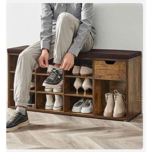 VASAGLE Cipőpad Cipőtartó Fiókkal és Nyitott Rekeszekkel Párnázott Ülőke Előszobába,