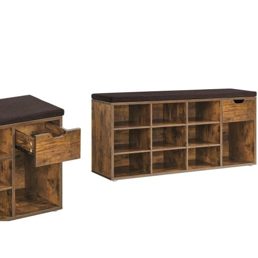 VASAGLE Cipőpad Cipőtartó Fiókkal és Nyitott Rekeszekkel Párnázott Ülőke Előszobába,