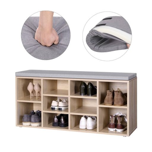 VASAGLE Cipőpad, Cipőpolc, Tárolószekrény, 10 Rekesszel, Párnával, Előszobába, 104 x 30 x