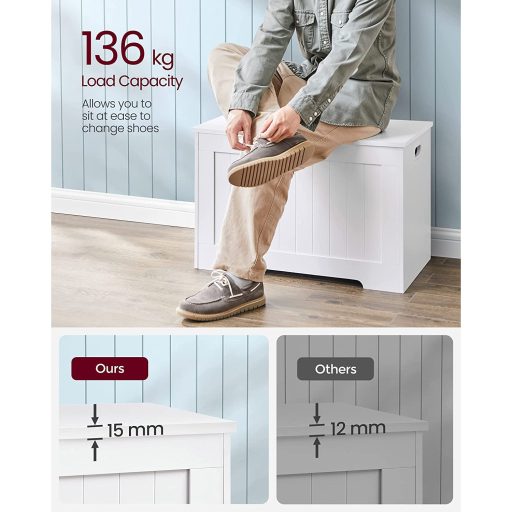 VASAGLE LHS11WT Játéktároló Pad Ülőhellyel és Nagy Kapacitással, Fehér, Forgácslap, 76 x