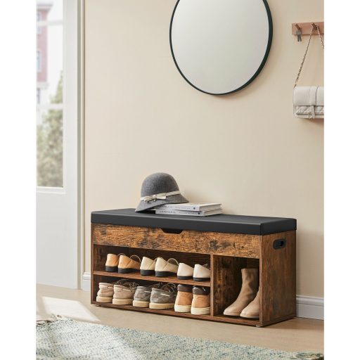 VASAGLE cipőpad párnával, tárolópad párnázott üléssel, 3 rekesszel, rejtett tárolóval,