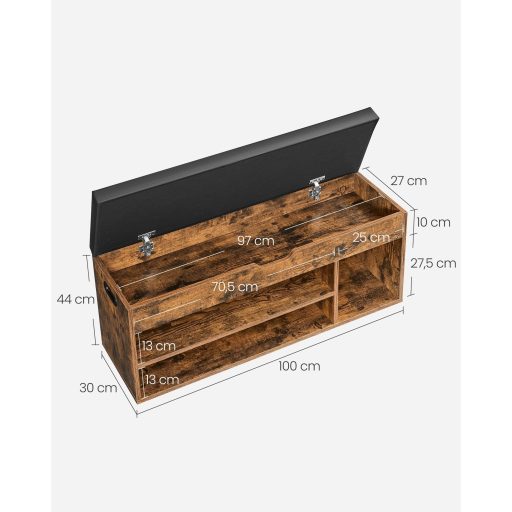 VASAGLE cipőpad párnával, tárolópad párnázott üléssel, 3 rekesszel, rejtett tárolóval,