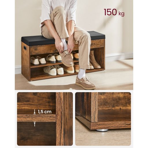 VASAGLE cipőpad párnával, tárolópad párnázott üléssel, 3 rekesszel, rejtett tárolóval,