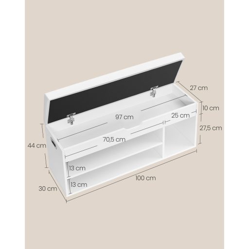 VASAGLE cipőpad párnával, tárolópad párnázott üléssel, 3 rekesszel, rejtett tárolóval,