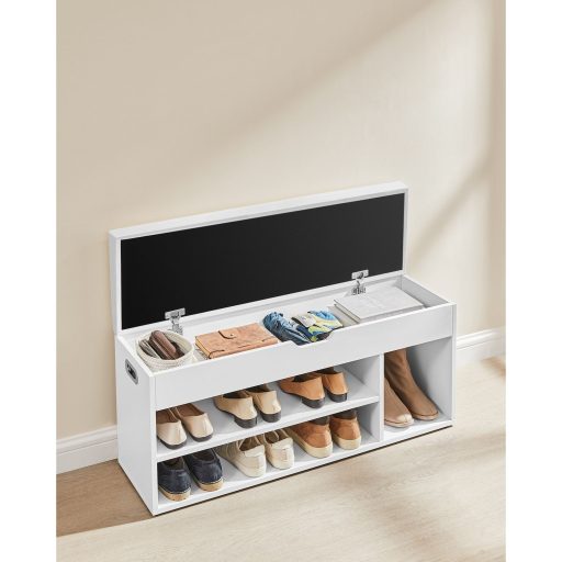 VASAGLE cipőpad párnával, tárolópad párnázott üléssel, 3 rekesszel, rejtett tárolóval,