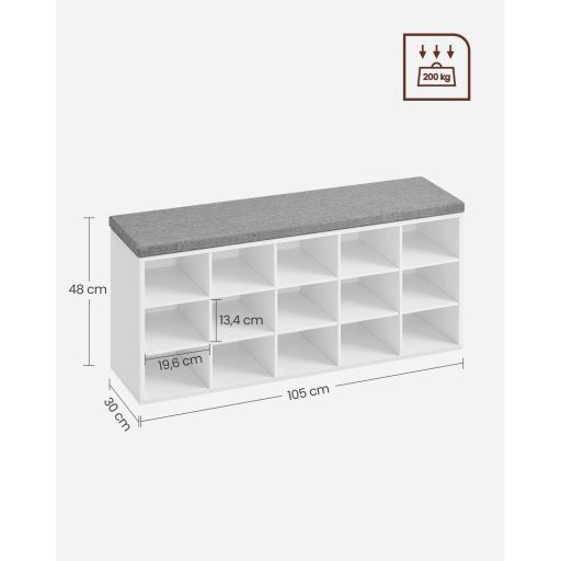 VASAGLE LHS15WT Cipőpad Pad Cipőtartó Ülőkével Párnával és 15 Rekeszes Tárolóval