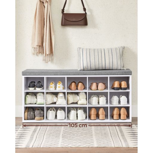 VASAGLE LHS15WT Cipőpad Pad Cipőtartó Ülőkével Párnával és 15 Rekeszes Tárolóval