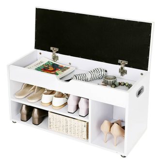 VASAGLE Fa Cipőpad, Párnázott Tároló Ülőke, Előszobai Szekrény 2 Polccal és Rejtett Láda,