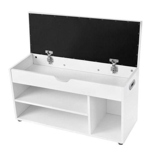 VASAGLE Fa Cipőpad, Párnázott Tároló Ülőke, Előszobai Szekrény 2 Polccal és Rejtett Láda,