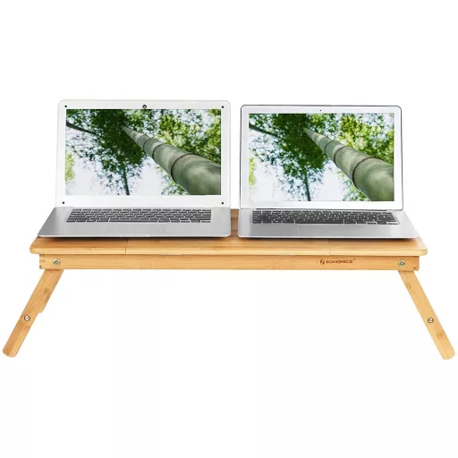 SONGMICS Bambusz Laptop Asztal, Összecsukható Ágyasztal, Balkezeseknek és Jobbkezeseknek,