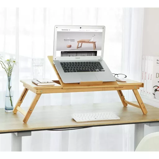 SONGMICS Bambusz Laptop Asztal, Összecsukható Ágyasztal, Balkezeseknek és Jobbkezeseknek,